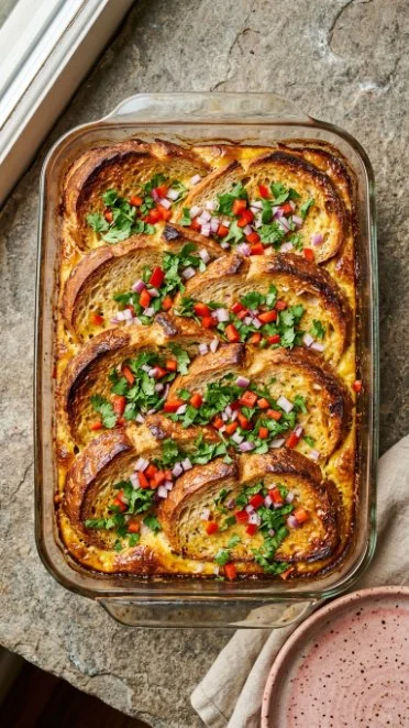 Savory French Toast Casserole baked dish with toppings