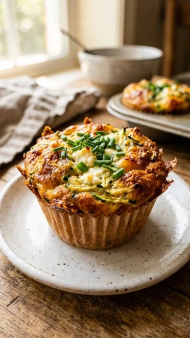 Savory zucchini and feta breakfast muffins on a wooden table