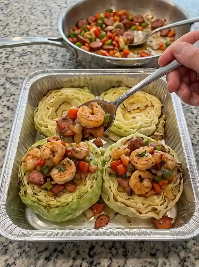 Garlic Shrimp & Turkey Sausage Cabbage Cups-prep