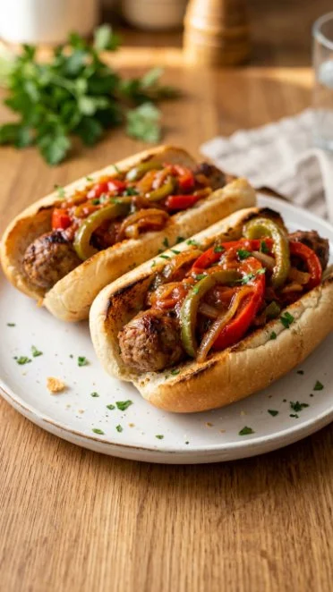 Slow Cooker Dish of Sausage and Peppers with Onion on a plate