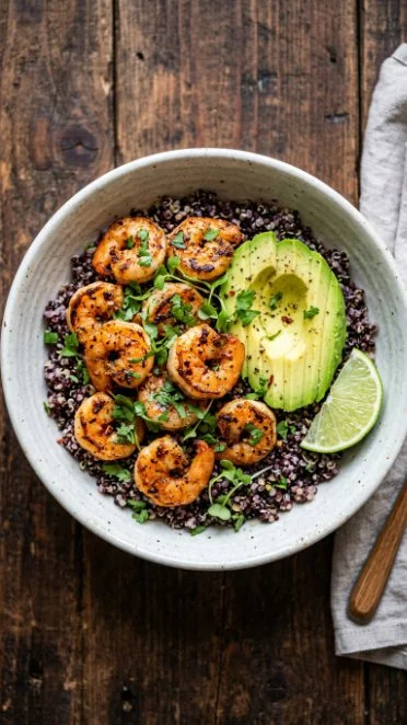 Spicy shrimp served with avocado and quinoa in a vibrant dish