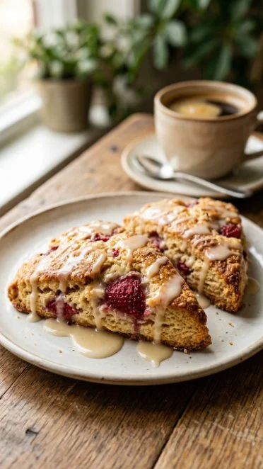 Delicious strawberry Greek yogurt scones on a wooden table