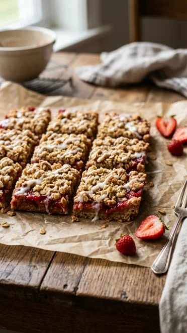 Delicious homemade strawberry oatmeal bars on a white plate