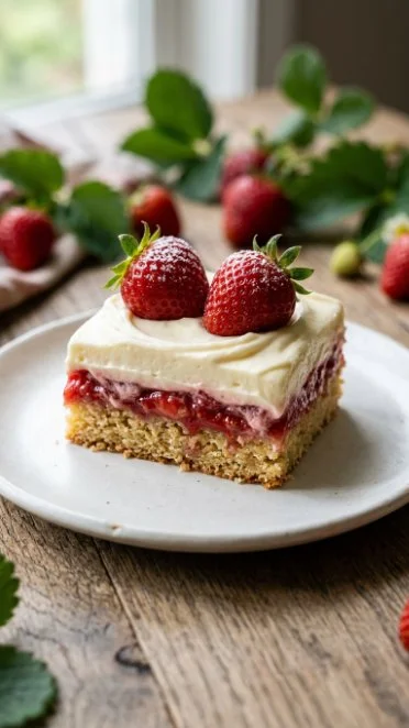 Delicious homemade Strawberry Shortcake Bars sliced on a wooden board