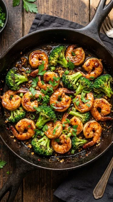 Delicious honey garlic butter shrimp with broccoli in a vibrant dish.