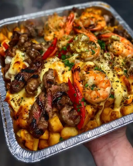 Surf & Turf Cheesy Loaded Fries- final presentation