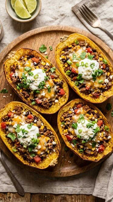 Taco-Stuffed Spaghetti Squash Boats topped with cheese and garnished for a healthy meal