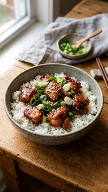 Delicious teriyaki chicken bowl with vegetables and rice
