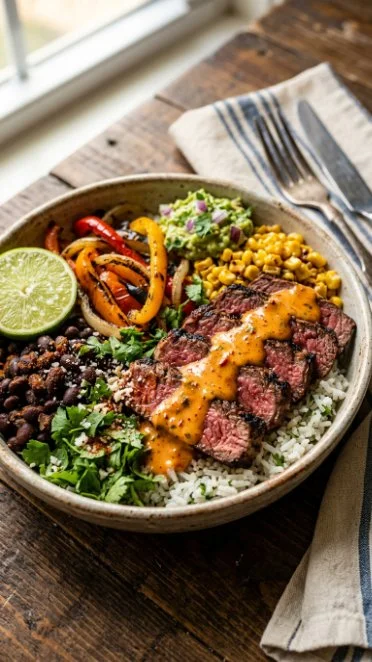 Delicious steak fajita bowl with colorful vegetables and tender steak