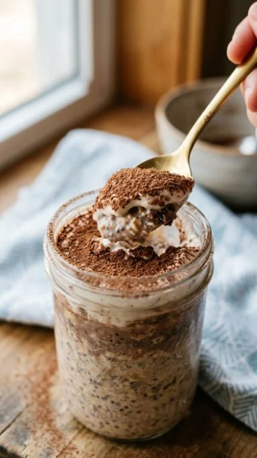 Delicious tiramisu overnight oats topped with cocoa and coffee flavors.