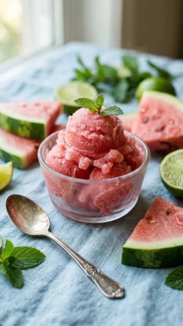 Refreshing watermelon sorbet in a bowl garnished with mint leaves