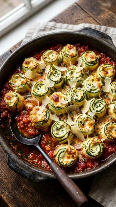 Zucchini lasagna rolls neatly arranged on a plate with cheese and herbs