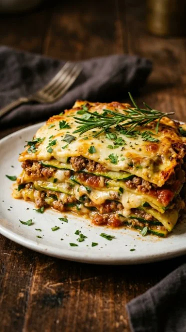 Zucchini lasagna with ground turkey on a plate, garnished and ready to serve.