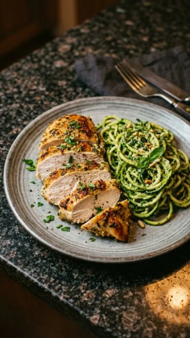 Zucchini noodles topped with creamy pesto chicken, a healthy and tasty dish.