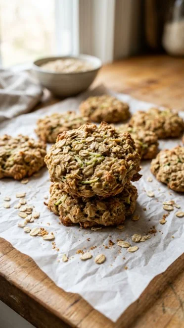 Delicious homemade zucchini oatmeal cookies on a wooden table