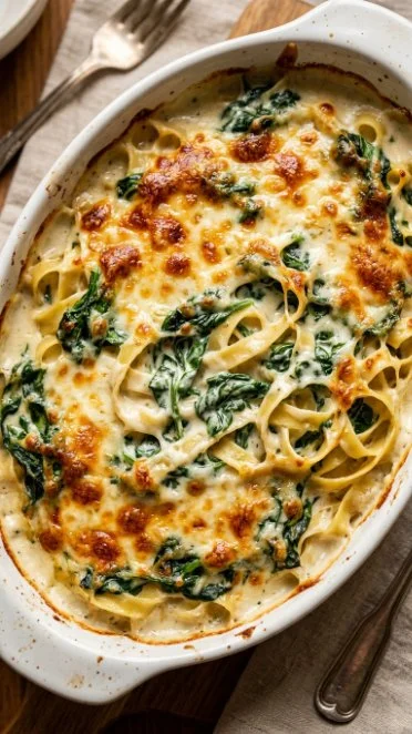 Bowl of creamy 5-Ingredient Spinach Alfredo pasta topped with fresh spinach.