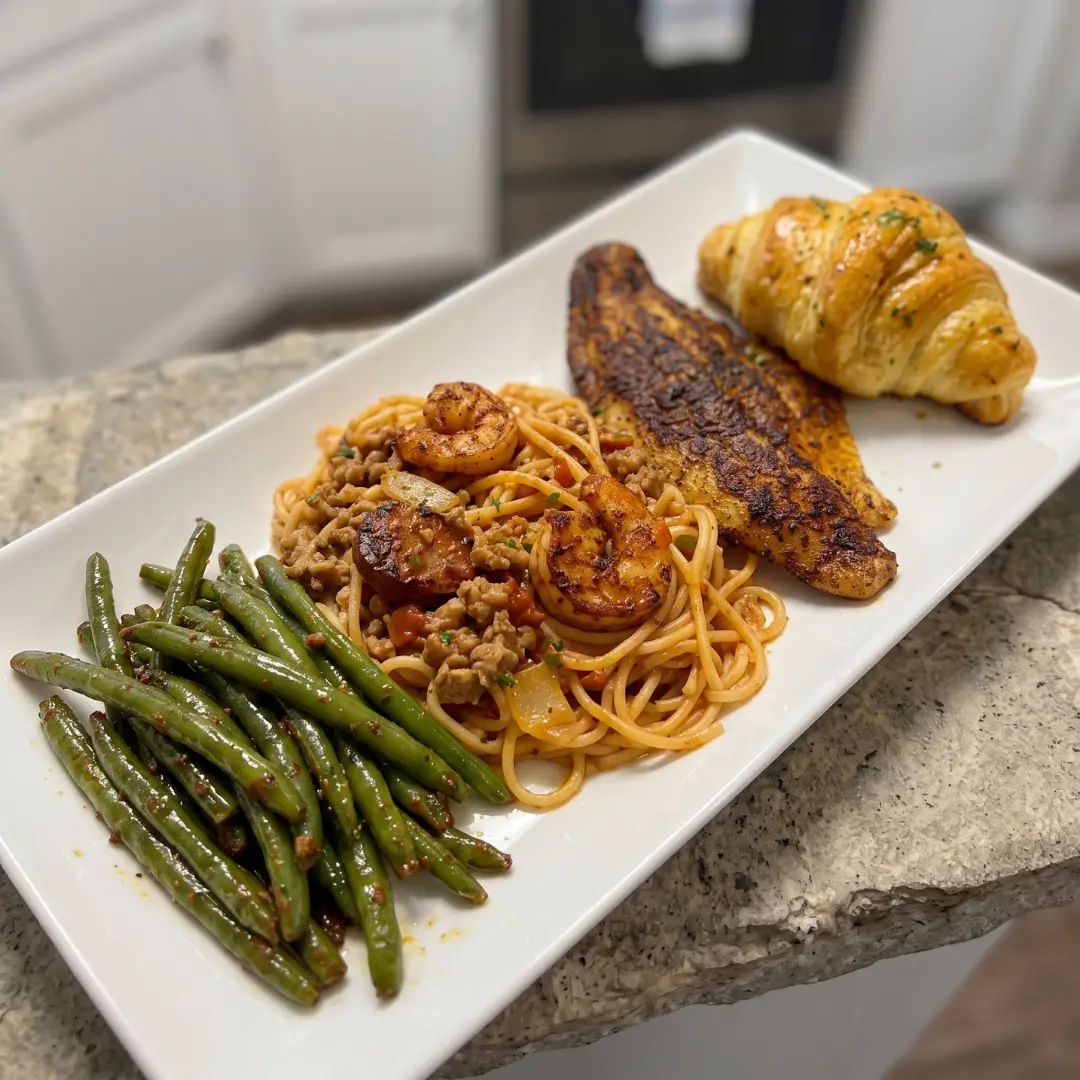 Blackened Catfish and Cajun Shrimp Spaghetti Plate