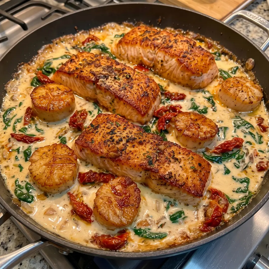 Creamy-Tuscan-Garlic-Butter-Salmon-Scallops-skillet