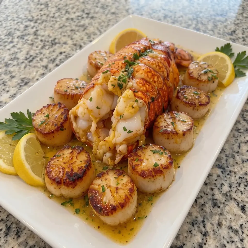 Garlic Butter Lobster and Scallop Seafood Plate
