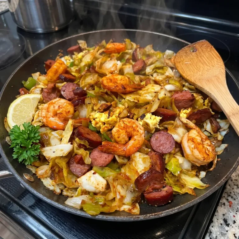 Garlic Butter Shrimp & Smoked Beef Sausage Cabbage Skillet