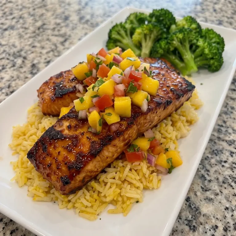 Honey Garlic Glazed Salmon with Rice, Broccoli & Mango Salsa