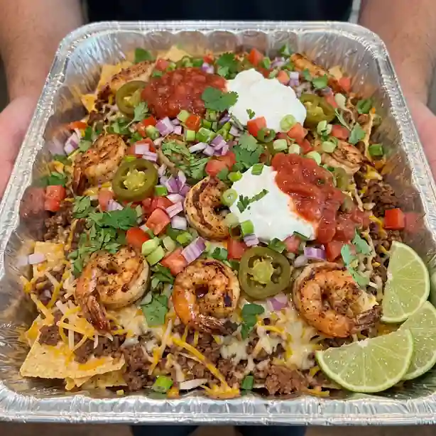 Loaded Shrimp and Beef Nachos