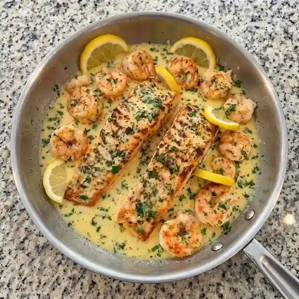 Creamy Lemon Garlic Salmon & Shrimp Skillet.