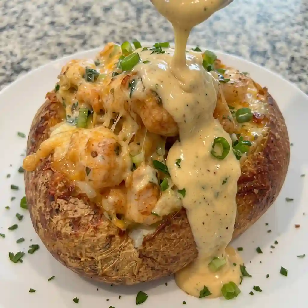 Loaded Shrimp Baked Potatoes with Creamy Garlic Sauce
