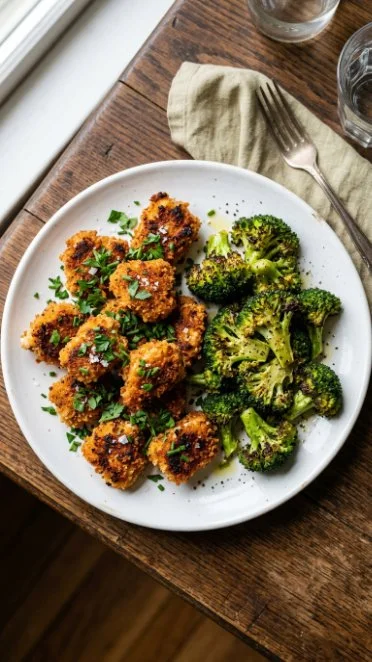 Golden Air Fryer Chicken Bites served with steamed broccoli on a plate.