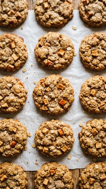 Freshly baked apple cinnamon oatmeal cookies on a wooden table