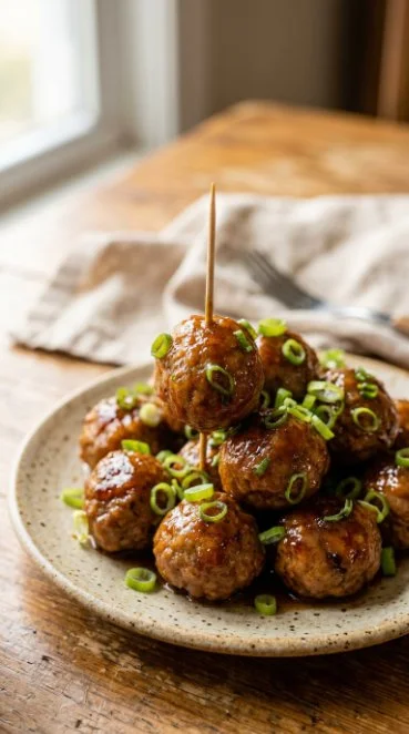 Apple glazed meatballs served on a plate with herbs garnish