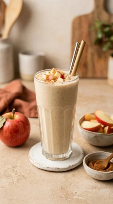 Apple pie cinnamon smoothie blend in a glass with apple slices and cinnamon sticks