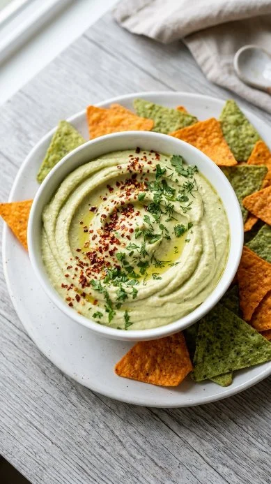 Avocado and white bean hummus served in a bowl with pita chips and vegetables.