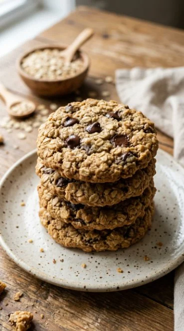 Plate of freshly baked banana oatmeal cookies with oats and ripe bananas.