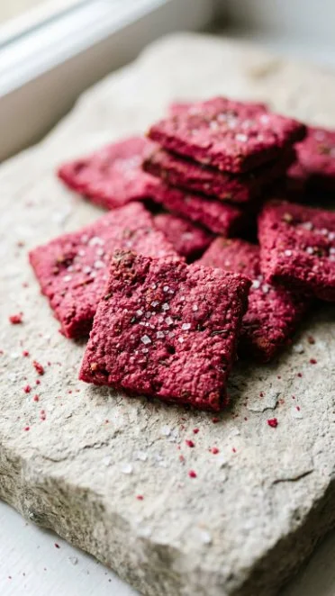 Delicious beet crackers on a wooden board, showcasing their vibrant color and texture.