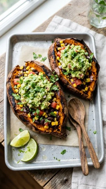 Black bean taco stuffed sweet potatoes topped with fresh ingredients