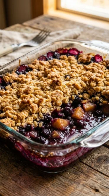 Delicious blueberry apple crumble served in a dish