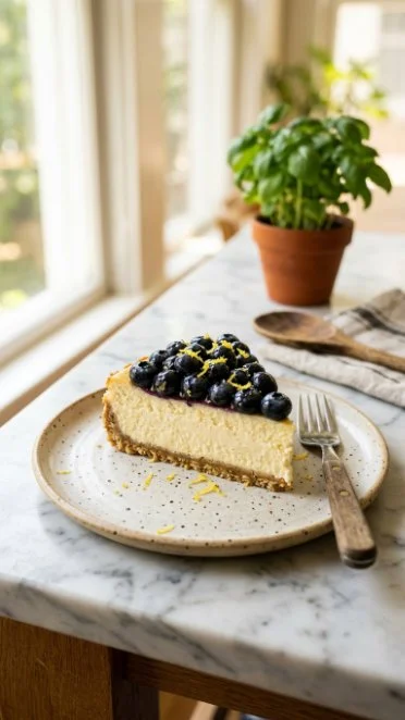 Slice of blueberry cottage cheese cheesecake with fresh blueberries on top