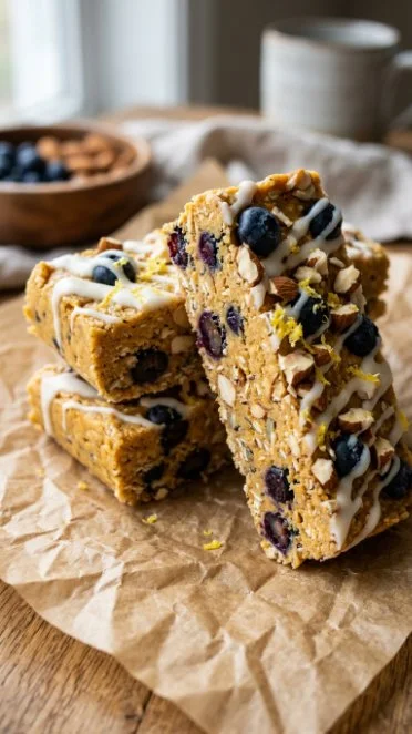 Blueberry protein lemon bars on a wooden table with fresh blueberries