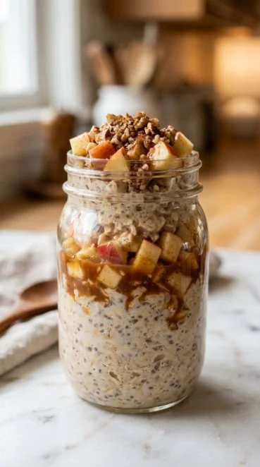 Bowl of caramel apple overnight oats topped with apple slices and caramel drizzle.