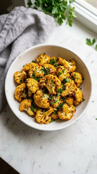 Bowl of crispy cauliflower popcorn seasoned with spices.