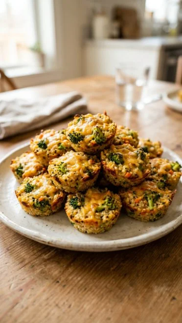 Cheesy Broccoli Quinoa Bites on a plate, healthy and flavorful snack.
