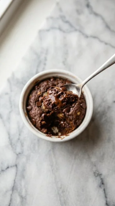 Delicious chocolate chip banana mug cake in a microwave-safe mug on a table.