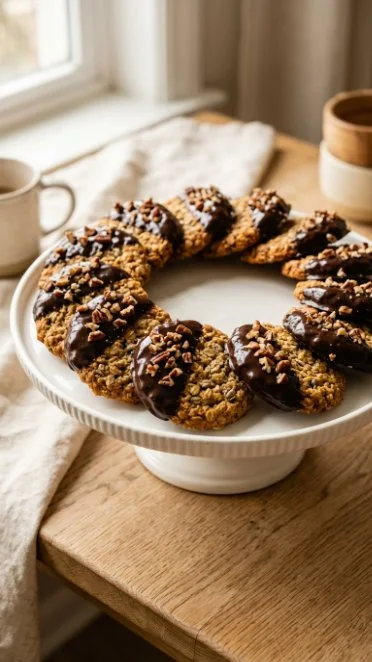 Chocolate dipped pecan lace cookies on a plate with a festive background