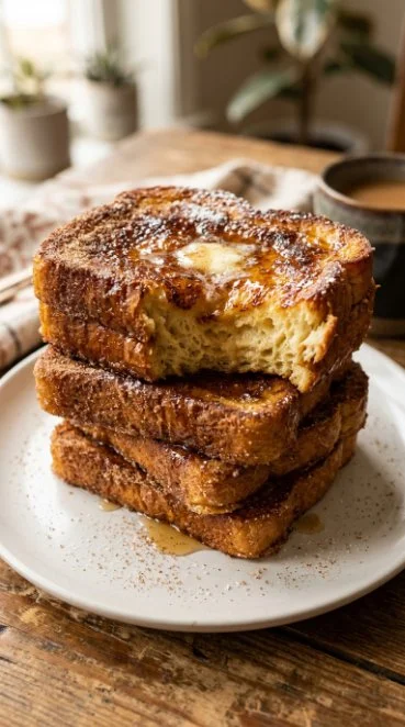 Delicious Cinnamon Sugar French Toast served with syrup and berries