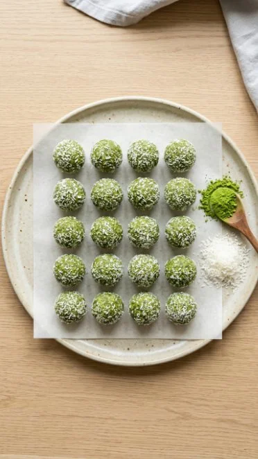 Coconut Matcha Energy Balls made with dates, healthy vegan snack