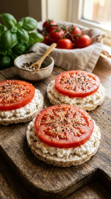 Cottage Cheese Rice Cakes topped with fresh tomato slices.