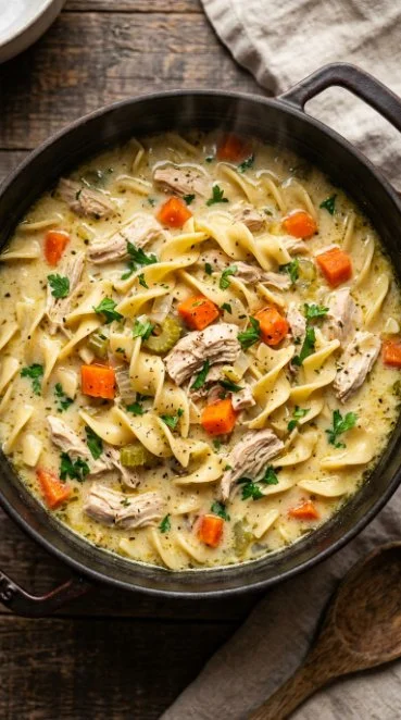 Bowl of delicious Crack Chicken Noodle Soup with herbs and noodles