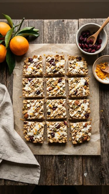 Cranberry orange Greek yogurt granola bars stacked on a wooden surface