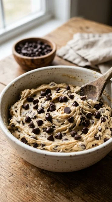 Bowl of creamy Greek yogurt cookie dough ready for baking